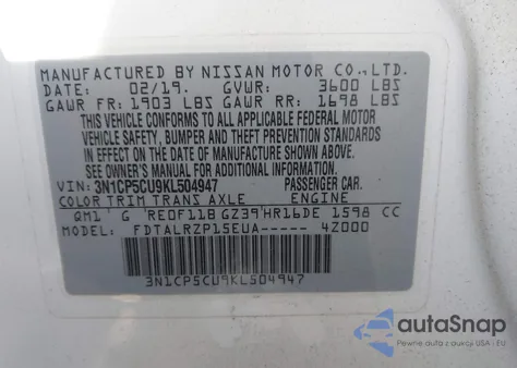 2019 Nissan Kicks S из США, поврежденный, VIN 3N1CP5CU9KL504947